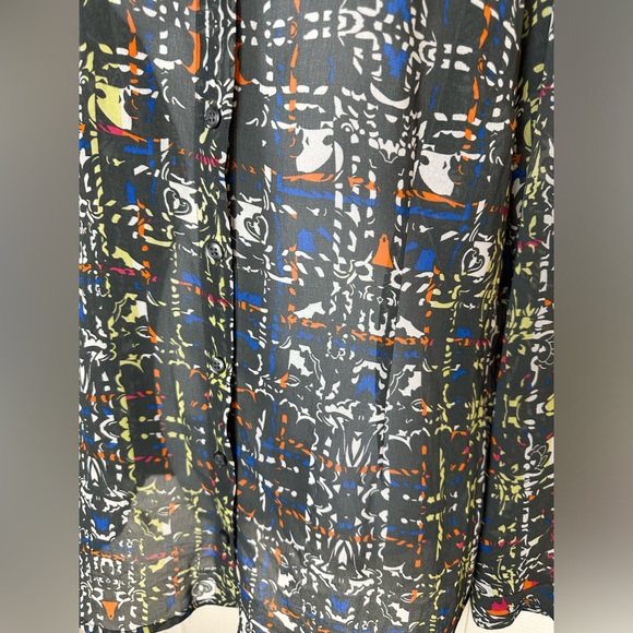 CAbi #129 Festival Blouse Shirt Top Semi Sheer Button Down Gray Geo Geometric - Picture 4 of 9